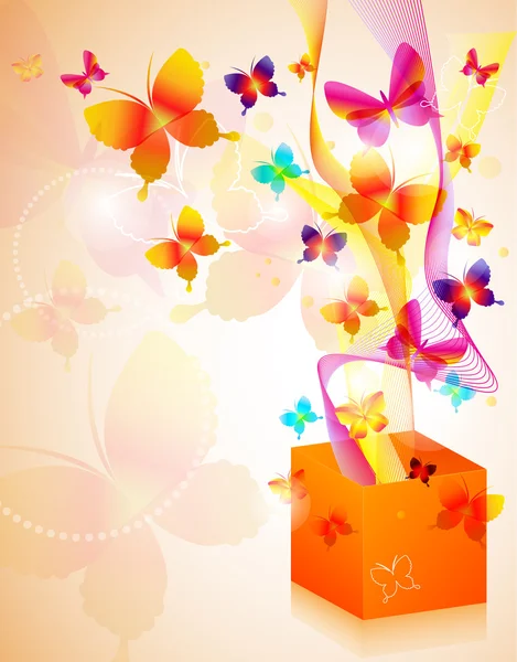 Ilustración vectorial de caja regalo con mariposas — Vector de stock