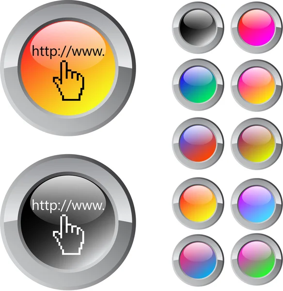Www klikt u op multicolor ronde knop. — Stockvector