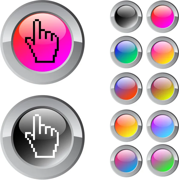 Pixelhand mehrfarbiger runder Knopf. — Stockvektor