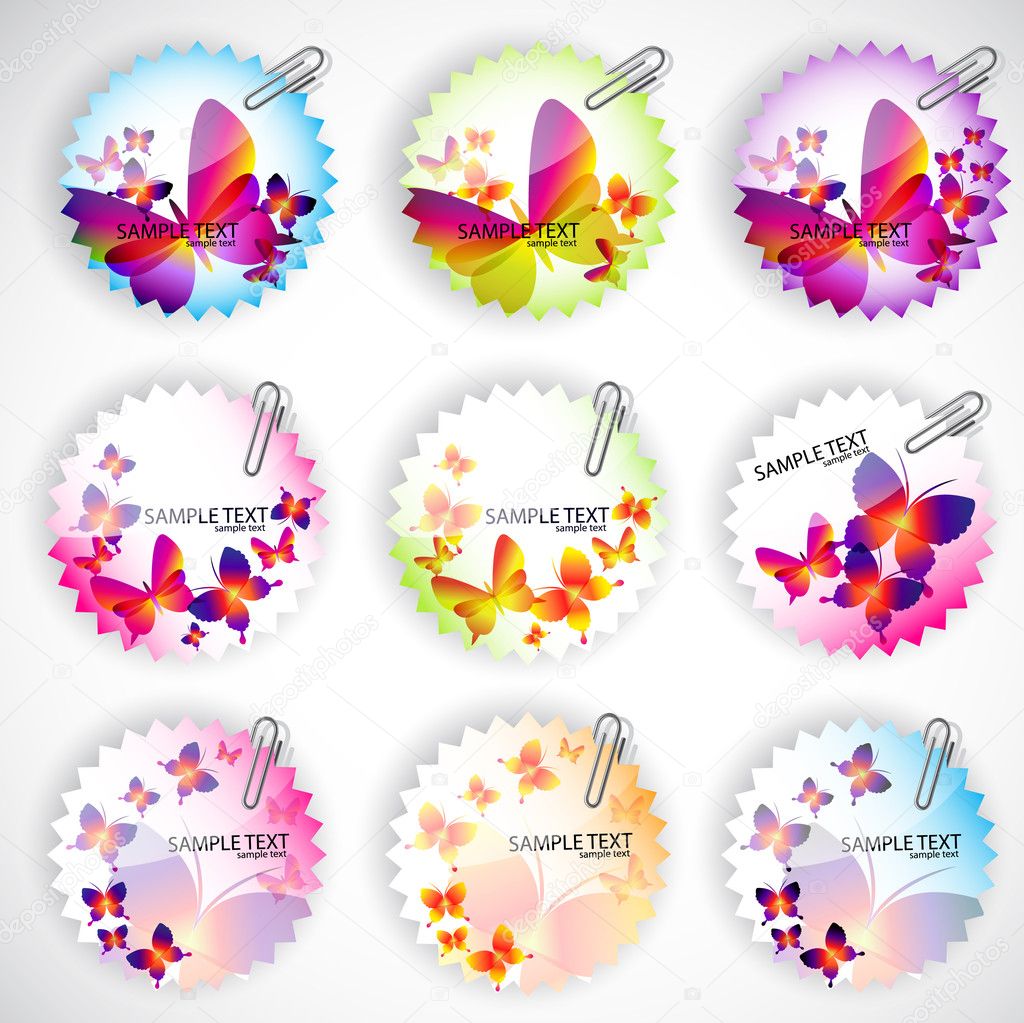 Round sticker with butterflies. Vector illustration set