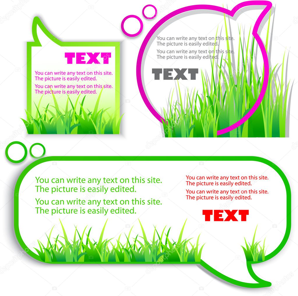 Colorful stickers for speech. Green grass. Natural background