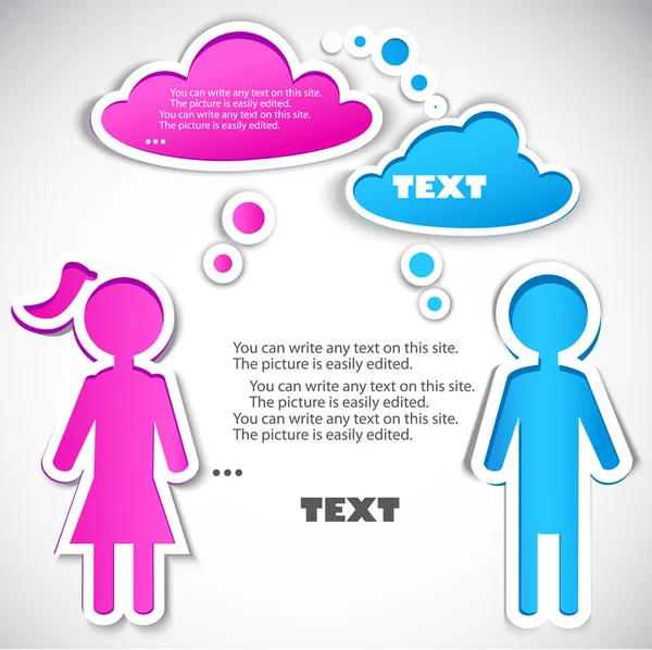 Man praten met vrouwen. papier bubbels voor spraak — Stockvector