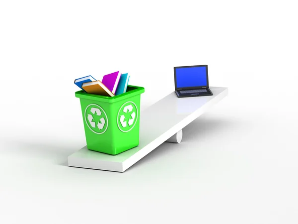 Libros sobre papelera de reciclaje vs portátil — Foto de Stock