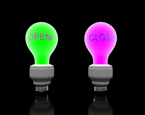 "Open" and "Close" glowing lightbulb — Stock Photo, Image