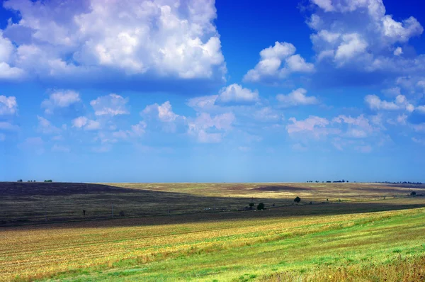 Удивительные горы и поля с голубым небом — стоковое фото