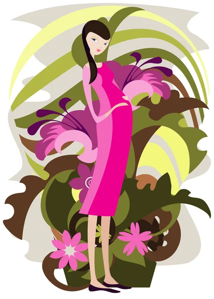 Eine junge Frau umgeben von Blumen — Stockvektor