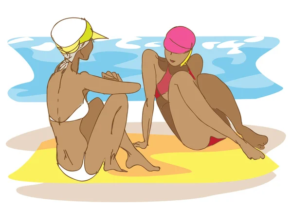 两个女孩在海滩上 — 图库矢量图片