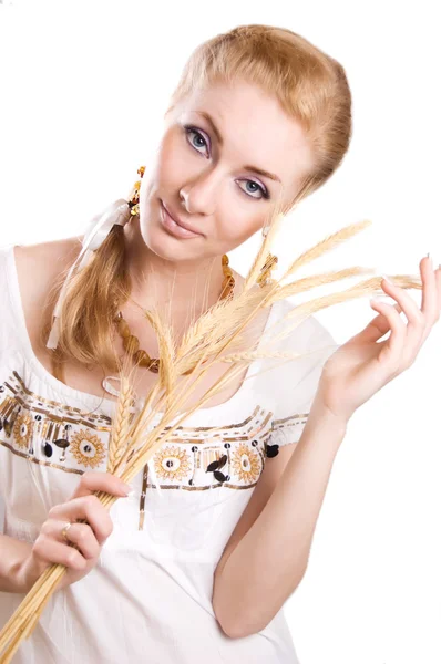 Woman with sheaf of wheat — Stock Photo, Image