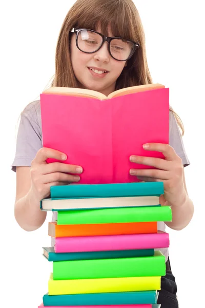 Girl with books reading — Stock Photo, Image