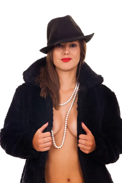 Žena s kloboukem v černém kožichu — Stock fotografie