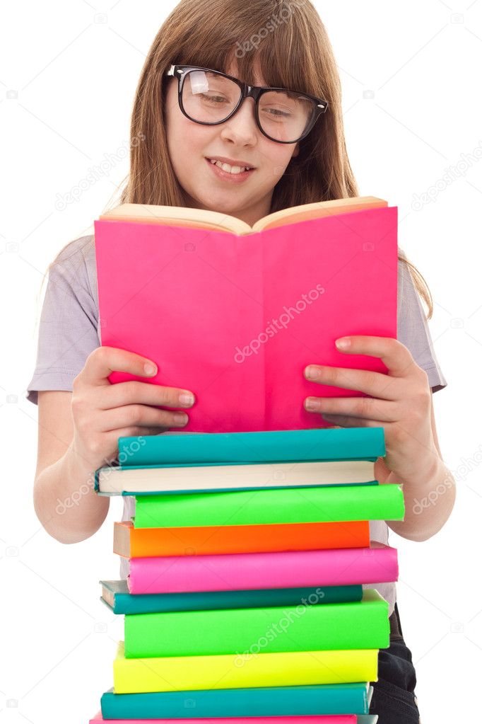 Girl with books reading