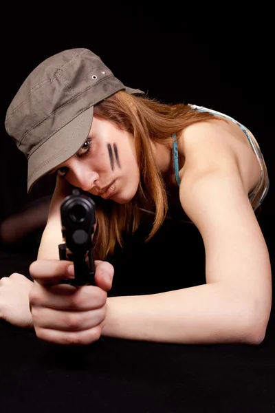 Woman solder with gun — Stock Photo, Image
