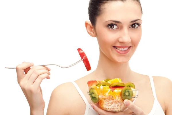 갈색 머리 여자 먹는 과일 샐러드, — 스톡 사진