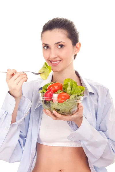 Vrouw met groenten Salade — Stockfoto