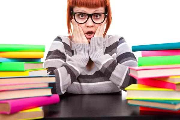 Girl in glasses with stack book — Stock Photo, Image