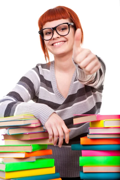 Schoolgirl showing thumb up — Stock Photo, Image