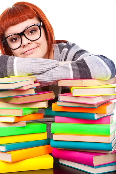 Girl with pile book — Stock Photo, Image