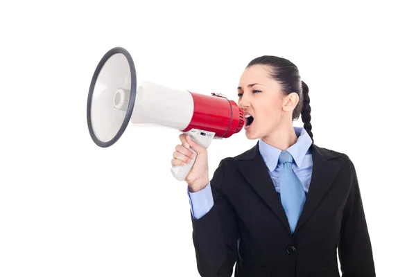 Business woman shouting into megaphone — Stock Photo, Image