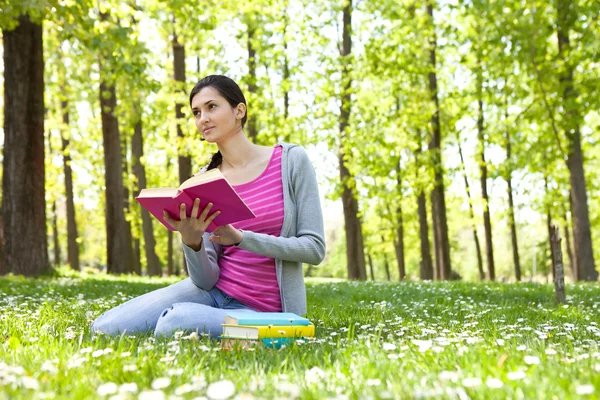 Estudante menina com livro na grama — Fotografia de Stock