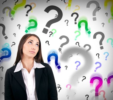 Businesswoman with question marks clipart