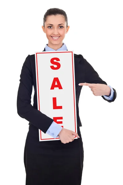Geschäftsfrau mit Verkaufsschild — Stockfoto
