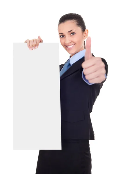 Businesswoman with vertical empty banner — Stock Photo, Image