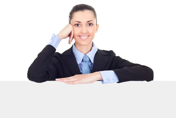 Affärskvinna i kostym presentera billboard — Stockfoto