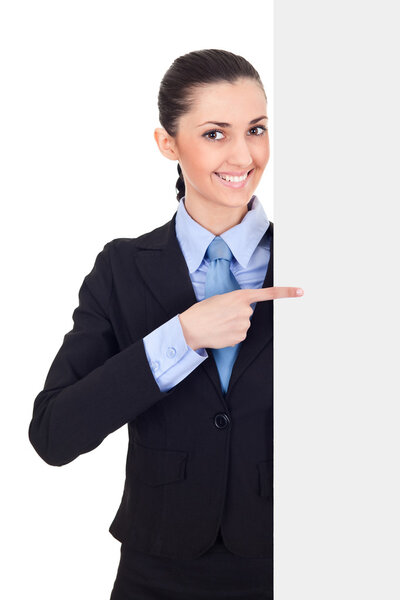 Businesswoman holding white blank board