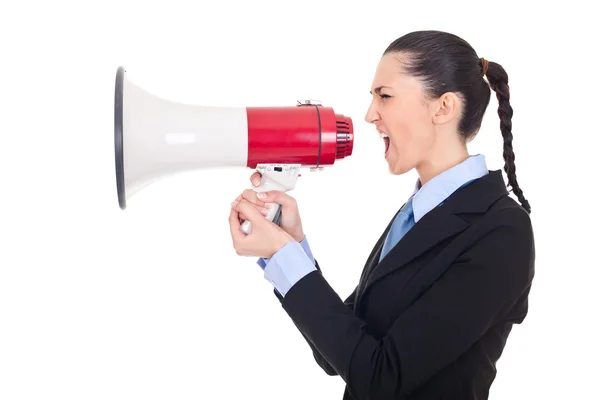 Businesswoman shouting into megaphone — Stock Photo, Image