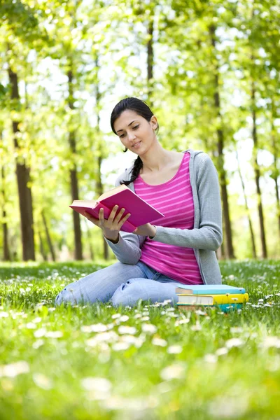 Девушка читает книгу на открытом воздухе — стоковое фото