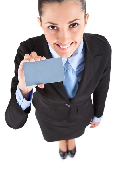 Businesswoman shoving business card — Stock Photo, Image