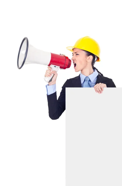 Businesswoman holding and shouting advert — Stock Photo, Image