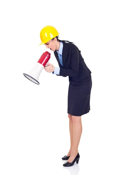 Angry engineer or architect with megaphone — Stock Photo, Image
