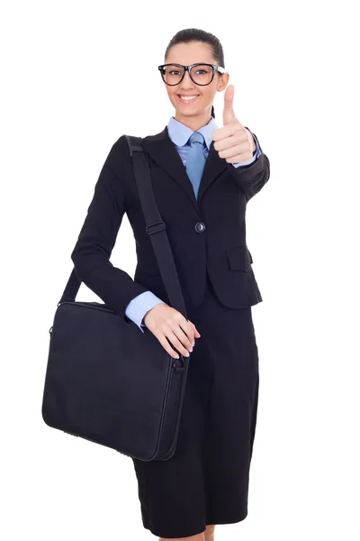 Mujer de negocios con maletín dando pulgares hacia arriba —  Fotos de Stock