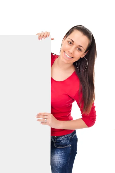 Usmívající se dívka drží prázdná deska — Stock fotografie