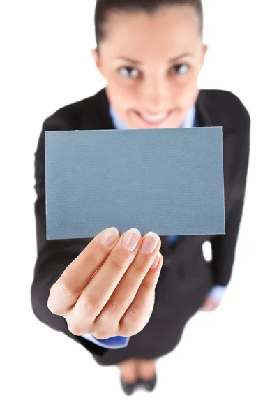 Woman holding business card — Stock Photo, Image