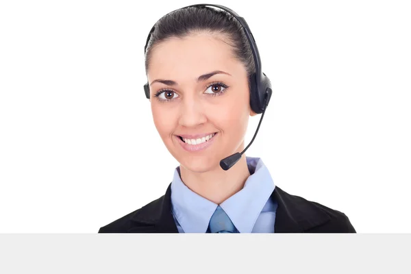 Ügyfél szolgáltatás bejelentkezési nő fejhallgató — Stock Fotó