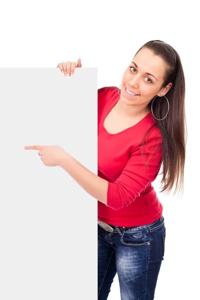 Student girl pointing on blank paper — Stock Photo, Image