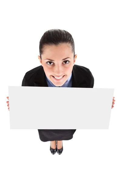 Lustige Geschäftsfrau mit leerem Banner — Stockfoto