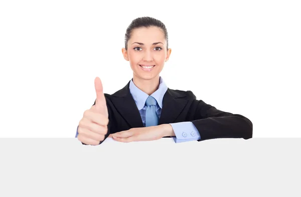 Бізнес-леді з великими пальцями вгору і білий знак — стокове фото