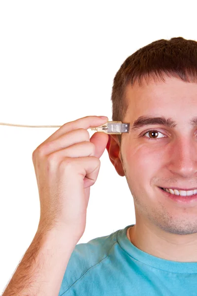 Man with cable connected to his head — Stock Photo, Image