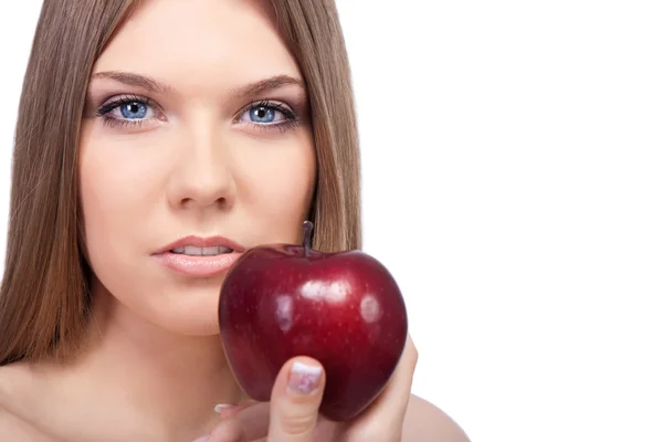 Sensuell kvinna med rött äpple — Stockfoto