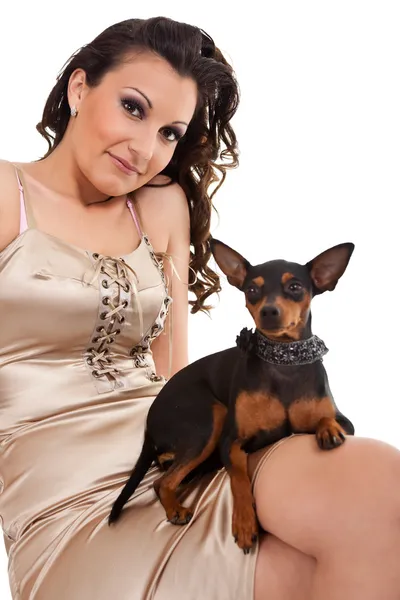 Fashion woman with dog shoulder — Stock Photo, Image