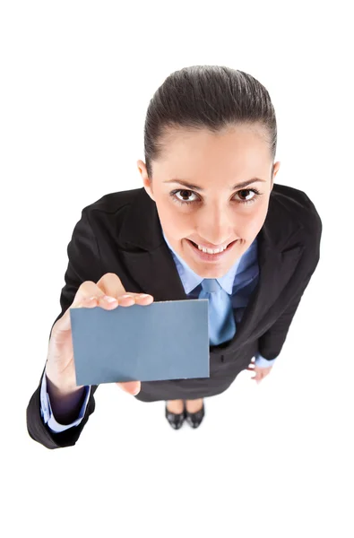 Woman shoving business card — Stock Photo, Image