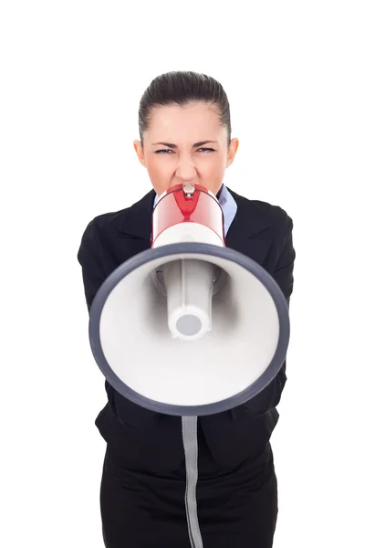 Empresária gritando através de megafone — Fotografia de Stock