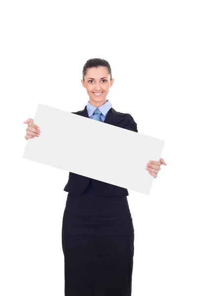 Businesswoman holding white sign — Stock Photo, Image