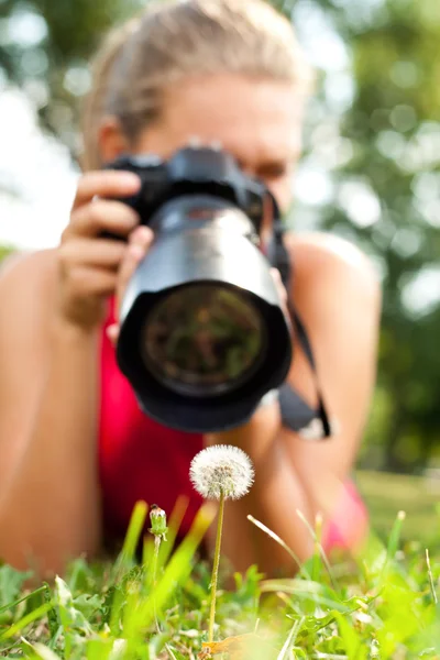 Fotograaf meisje in de natuur — Stockfoto