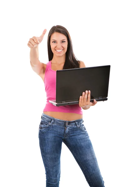 Menina feliz segurando laptop — Fotografia de Stock