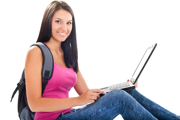 Schöne Studentin Mädchen Laptop isoliert — Stockfoto