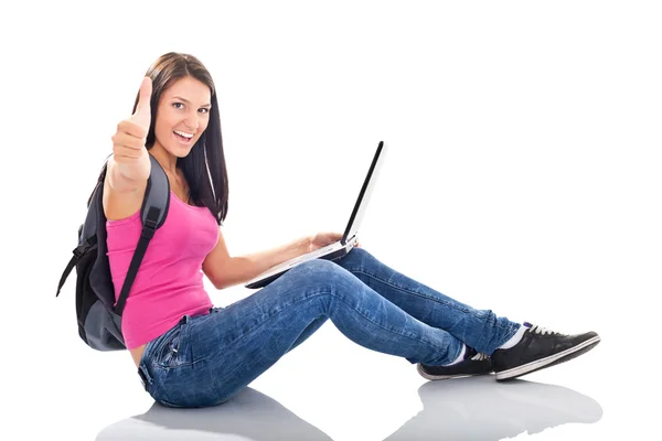 Glückliches Weibchen mit Laptop — Stockfoto